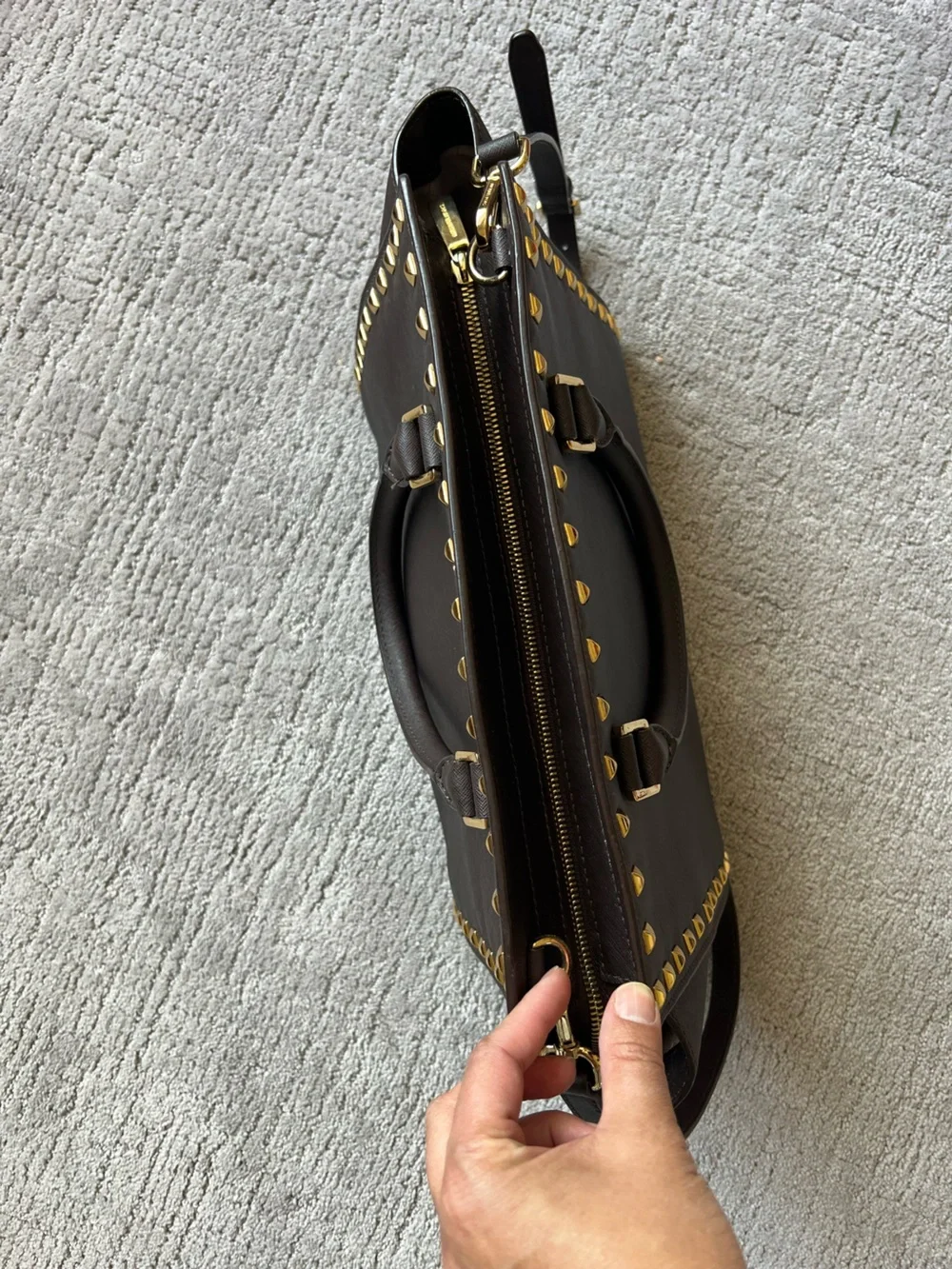 Michael Kors Dark Brown Saffiano Studded Tote with Gold Hardware